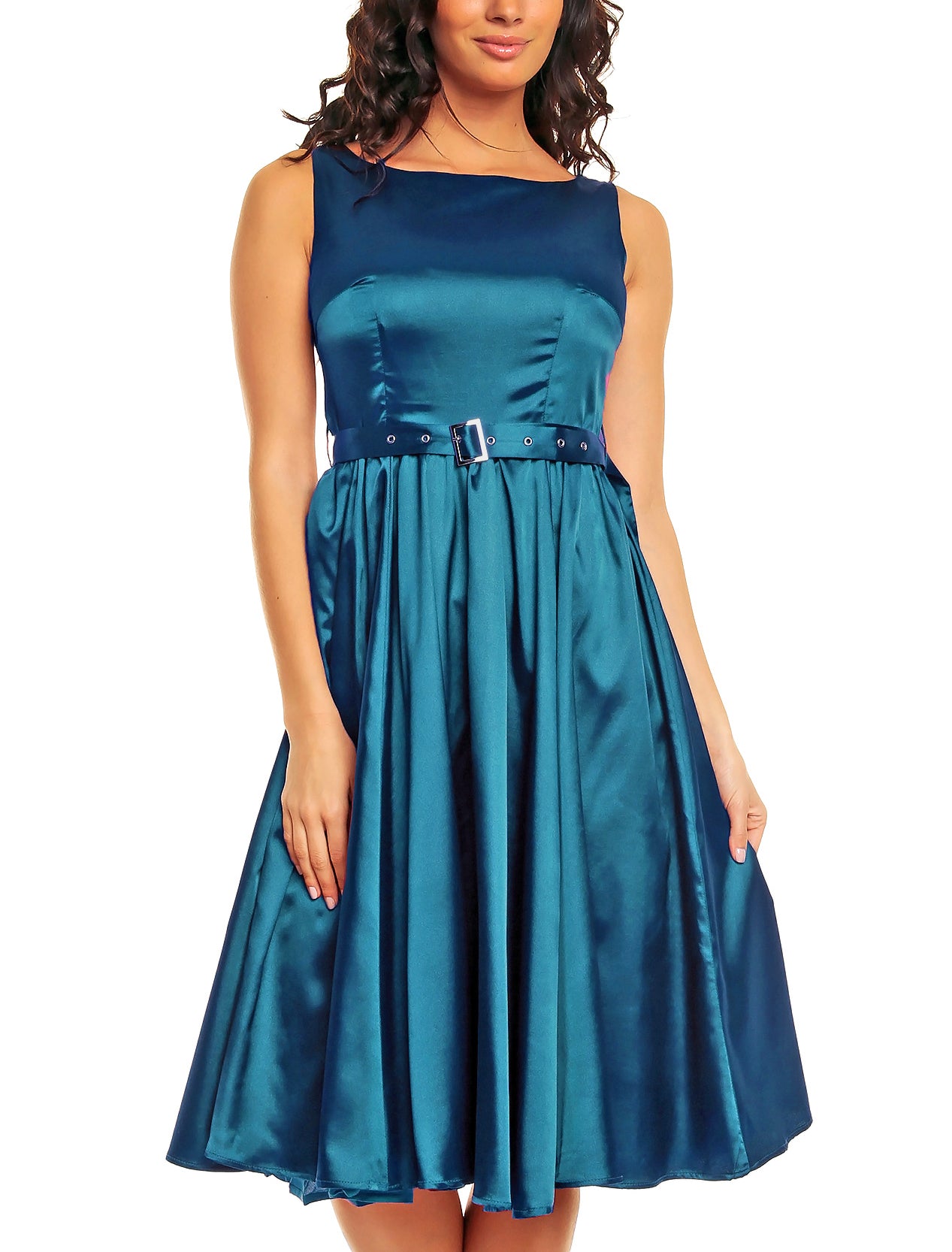 Hyacinth Full Circle Satin Swing Dress in Peacock Blue