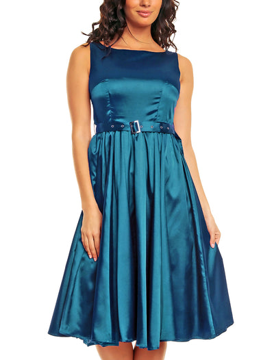 Hyacinth Full Circle Satin Swing Dress in Peacock Blue