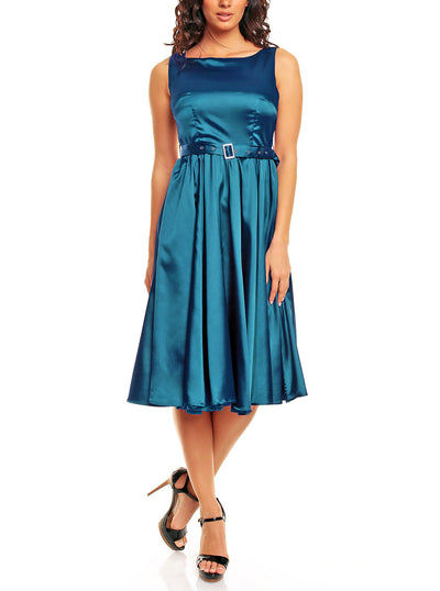 Hyacinth Full Circle Satin Swing Dress in Peacock Blue