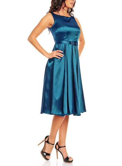 Hyacinth Full Circle Satin Swing Dress in Peacock Blue