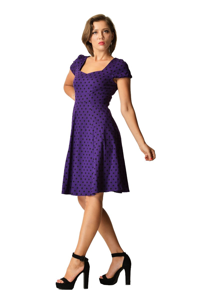 PRE ORDER Claudia Flirty Fifties Polka Dot Dress in Purple/Black