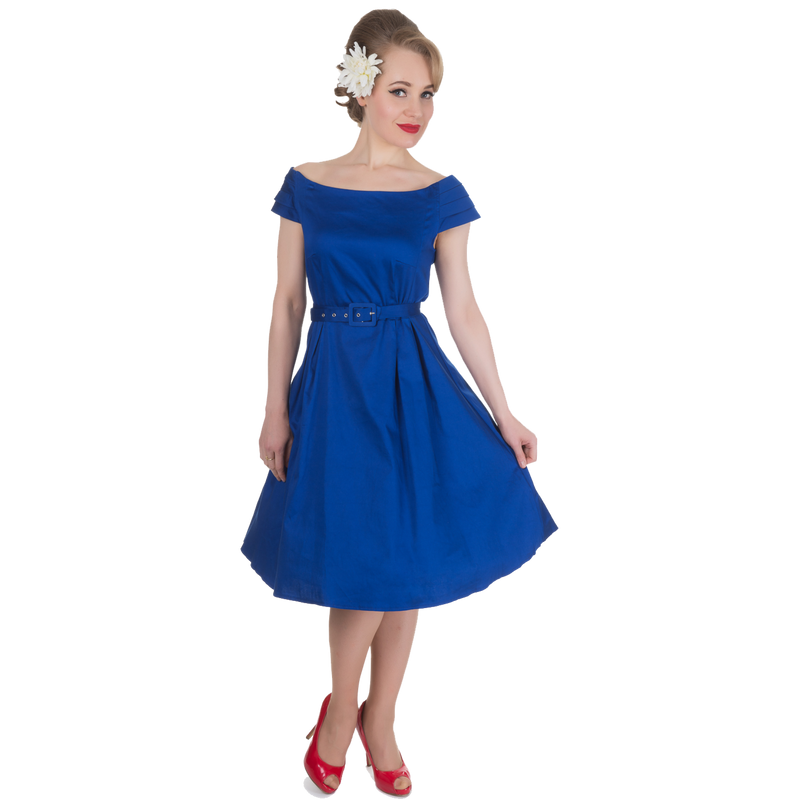 Marcia Boat Neck Rockabilly Dress in Blue