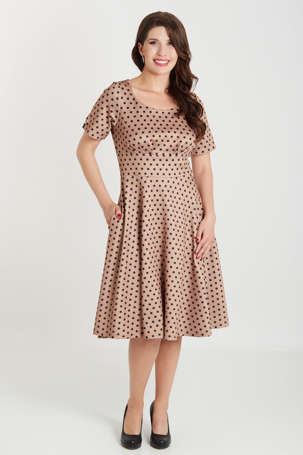 EU STOCK Brenda Brown and Black Polka Dot Short-Sleeved Adorned Dress