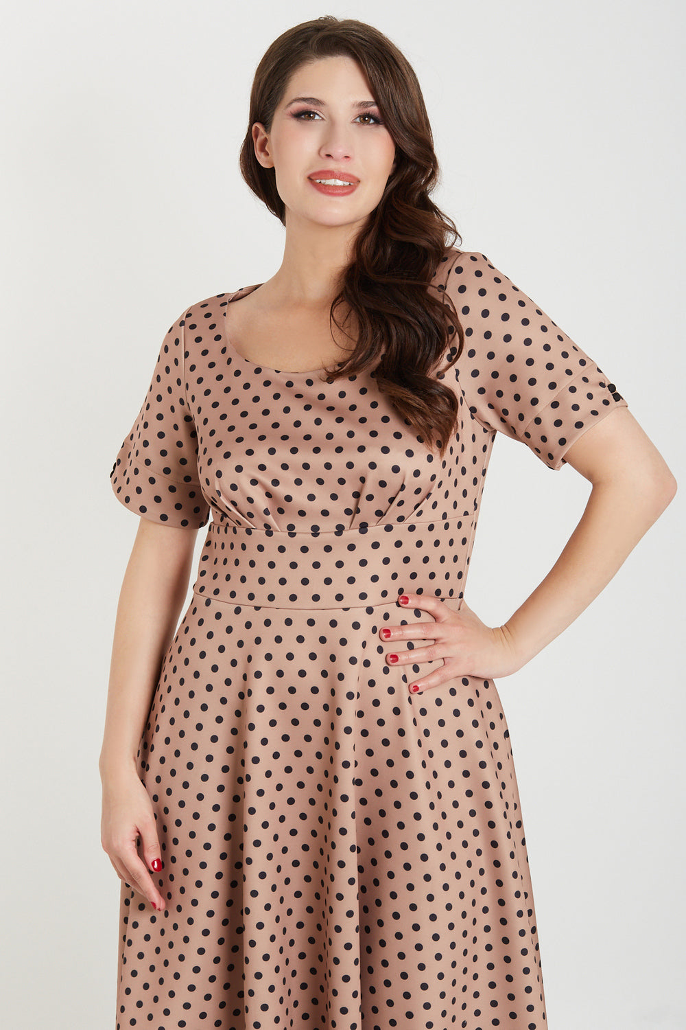 Brenda Brown and Black Polka Dot Short-Sleeved Adorned Dress