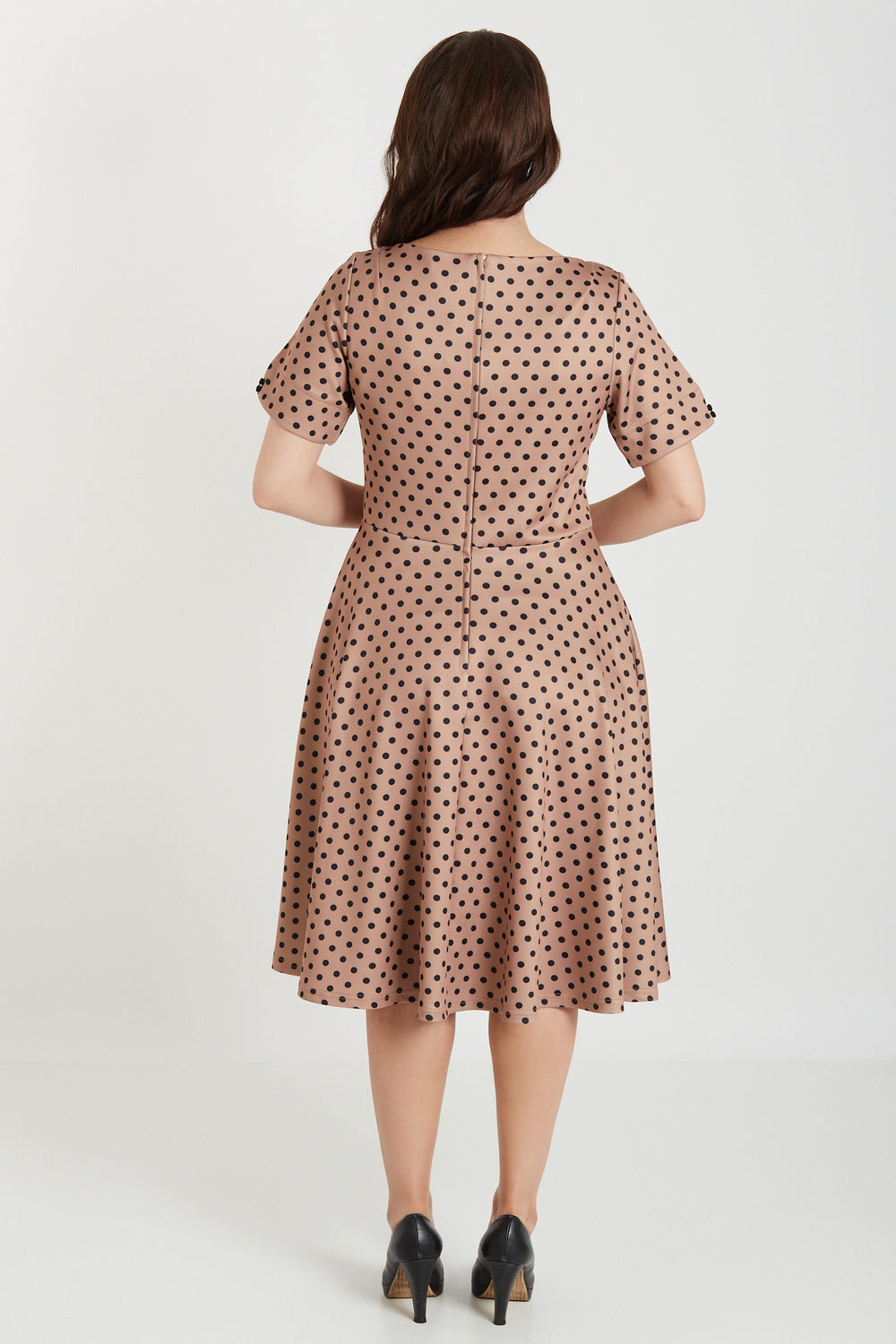 Brenda Brown and Black Polka Dot Short-Sleeved Adorned Dress