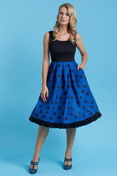 EU STOCK Amanda Blue & Black Polka Dot Flared Dress