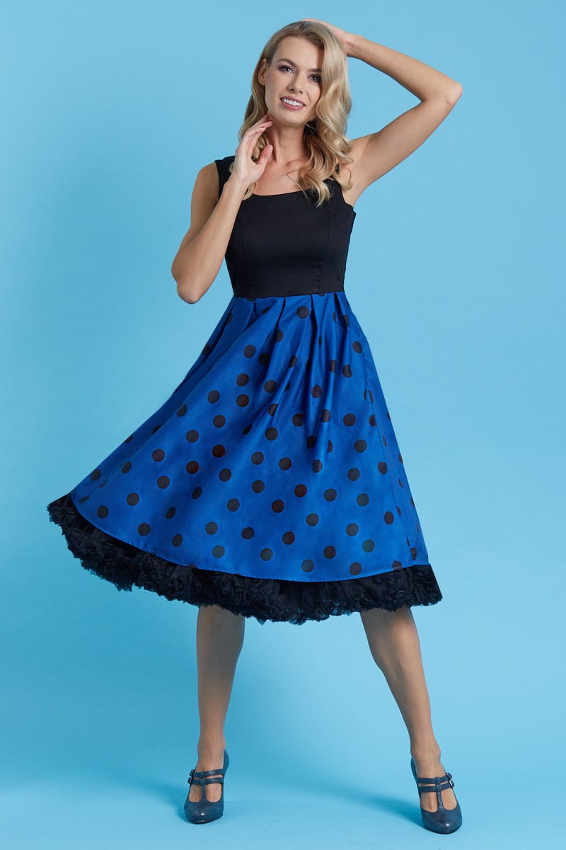 EU STOCK Amanda Blue & Black Polka Dot Flared Dress