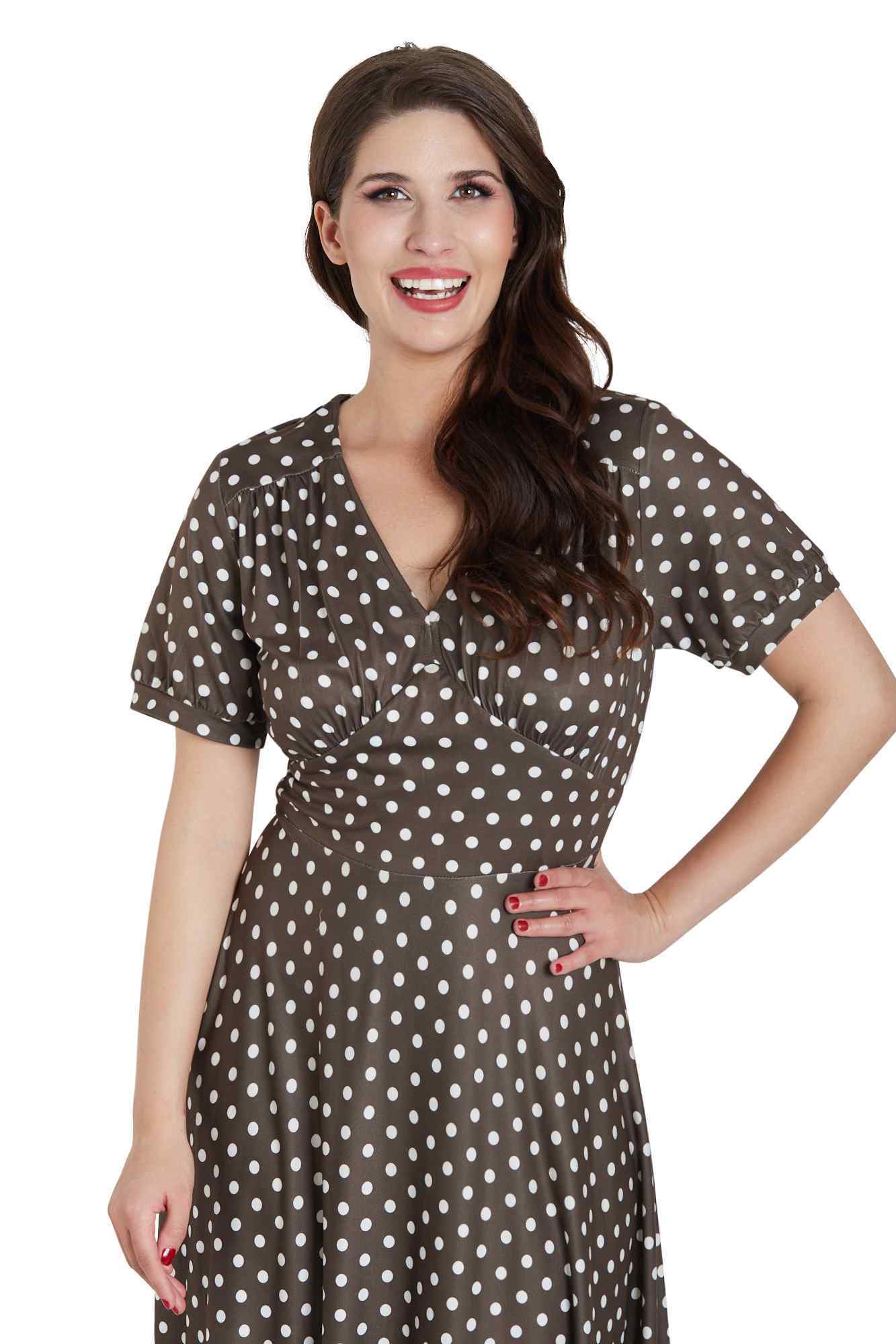 Model photo front view of 50s Style Brown Polka Dot Day Dress