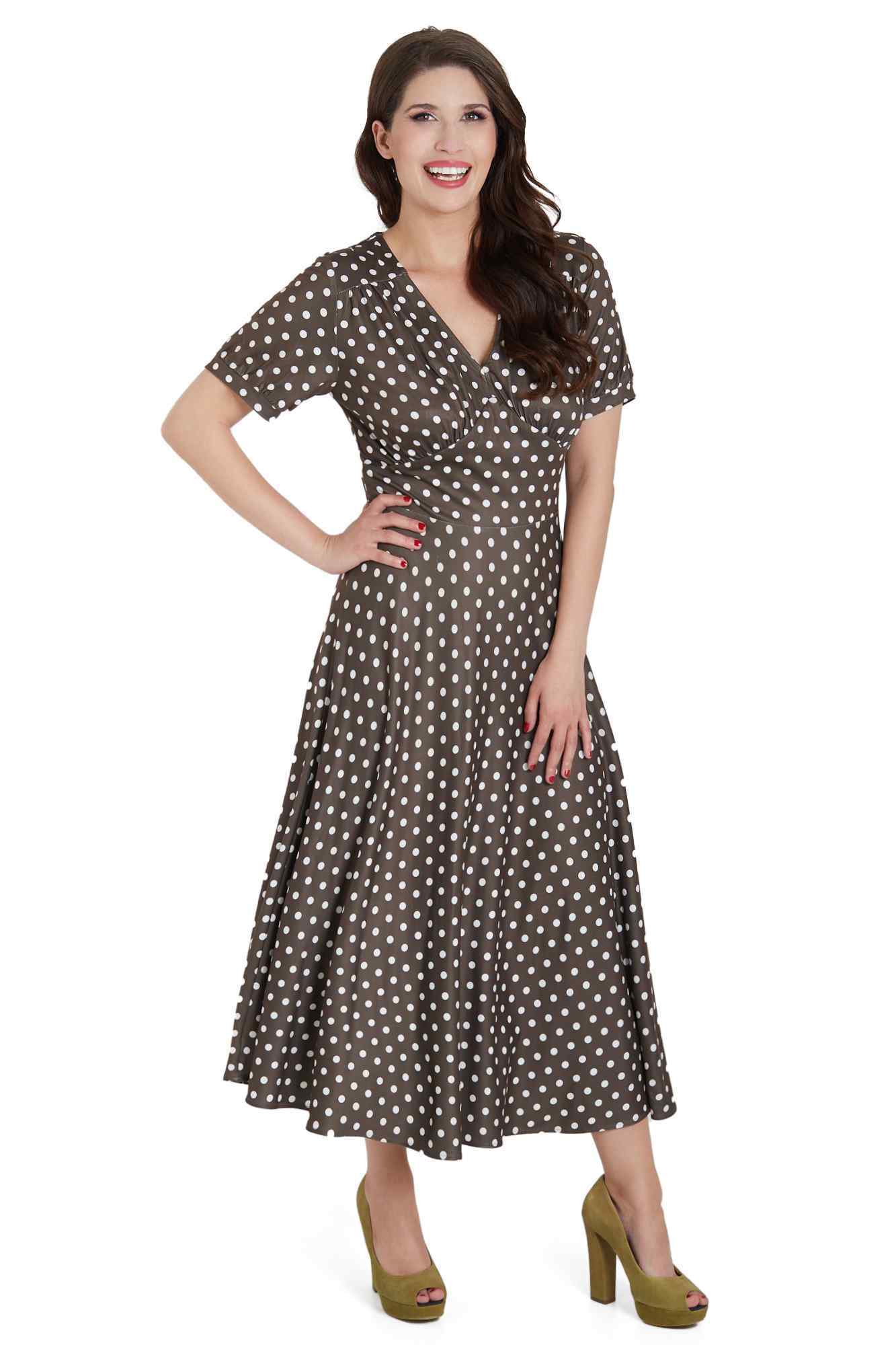 Model photo front view of 50s Style Brown Polka Dot Day Dress