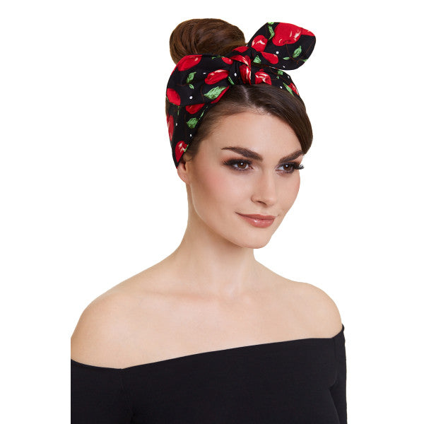 Rockabilly Tie Headband Cherry Pattern in Black