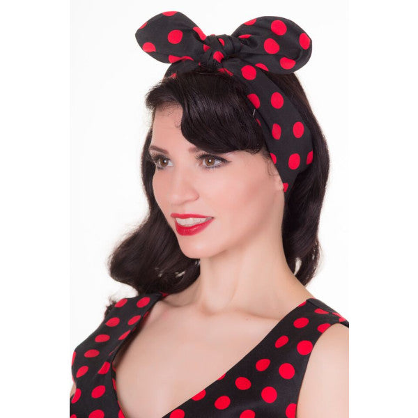 Vintage Inspired 1950s Polka Dot Headband in Black with Red Dots