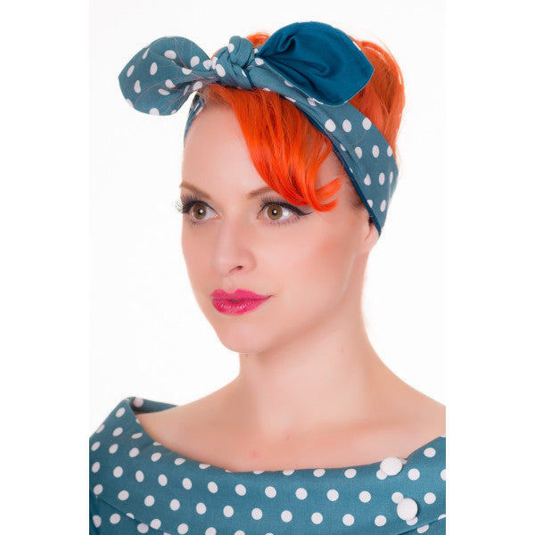 Vintage Inspired 1950s Polka Dot , Headband - Peacock White / Blue