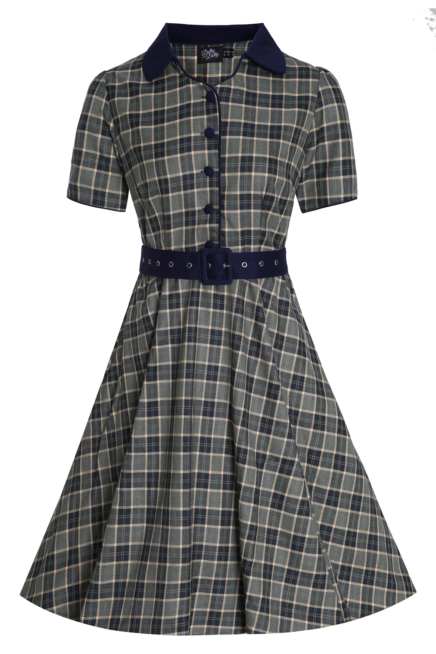 Penelope Rockabilly Navy Blue/Grey Tartan Shirt Dress