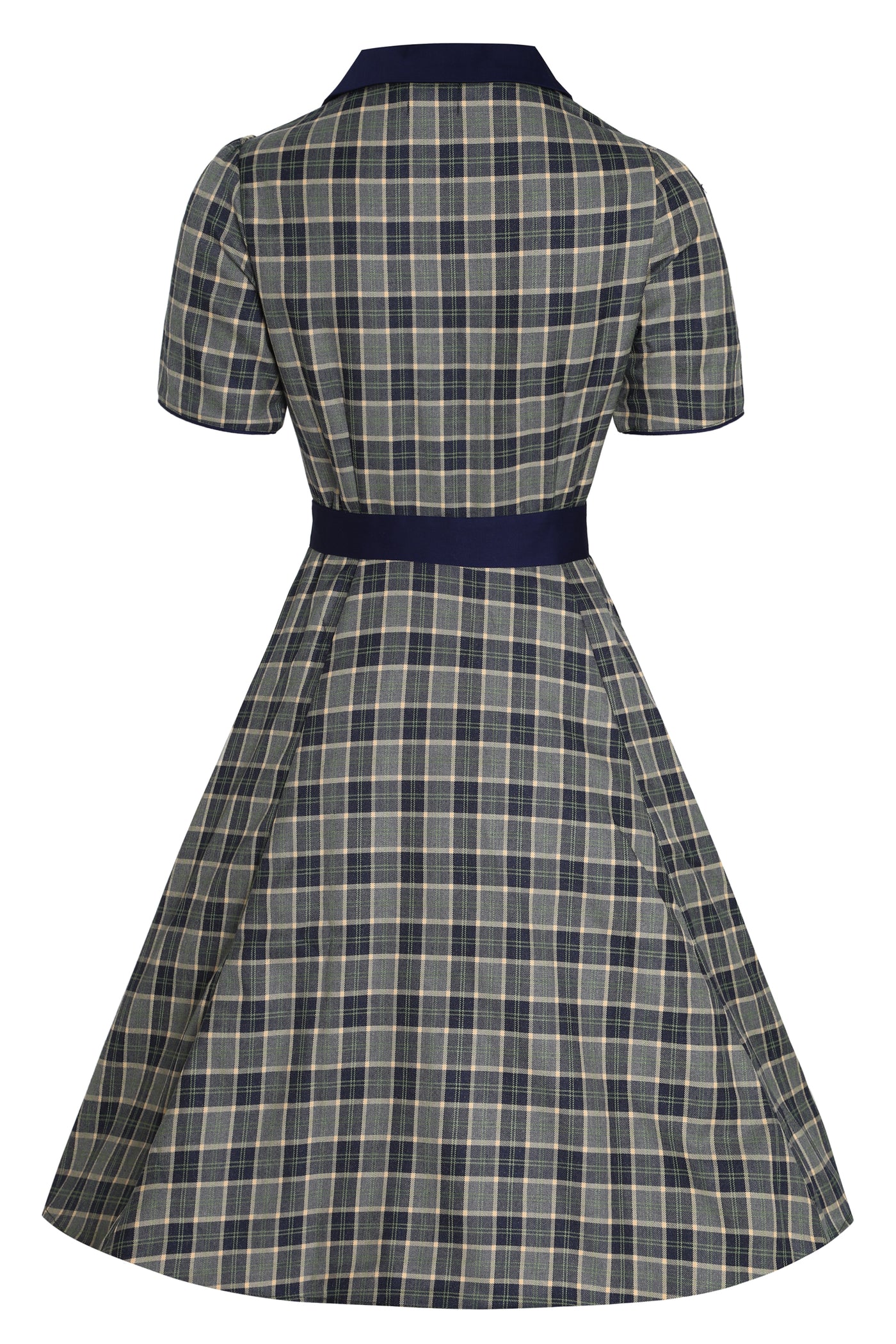 Penelope Rockabilly Navy Blue/Grey Tartan Shirt Dress