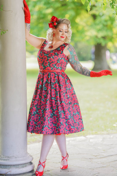 Amanda Black Red Anemone Print Scoop Neck Swing Dress