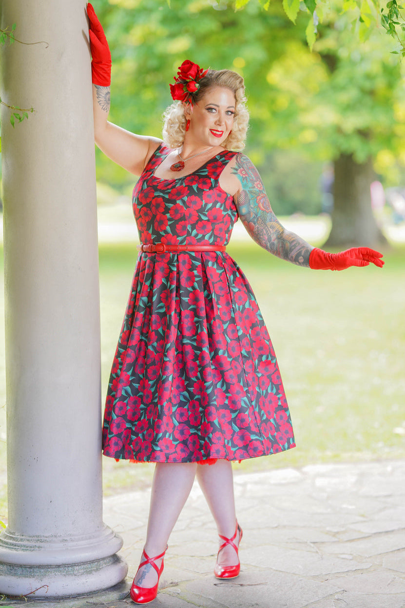 Amanda Black Red Anemone Print Scoop Neck Swing Dress