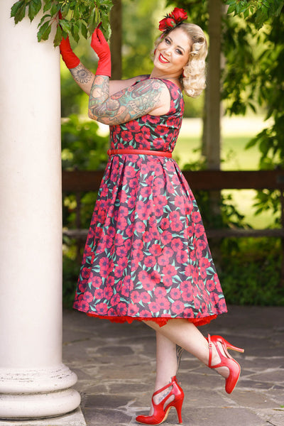 Amanda Black Red Anemone Print Scoop Neck Swing Dress