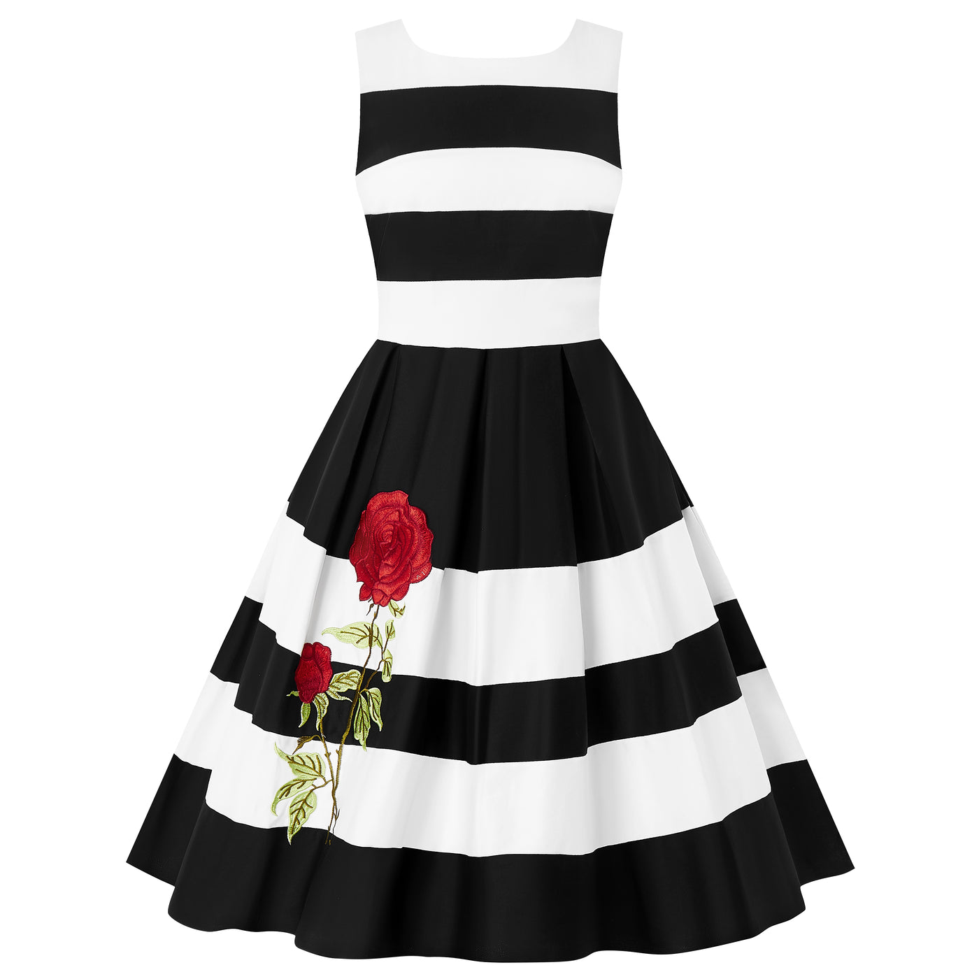 EUC Annie Retro Embroidered Stripe Swing Dress in Black/White