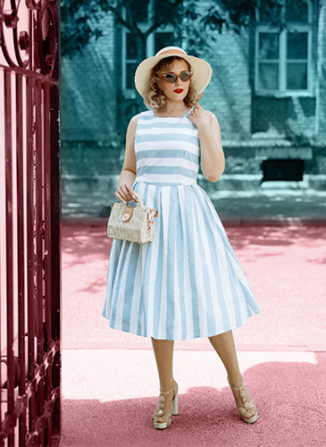 EUC Annie Retro Stripe Swing Dress in Pale Blue/White