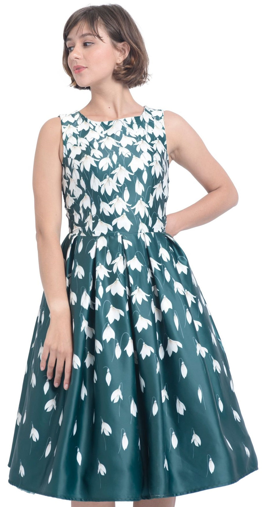 PRE ORDER Annie Retro Flared Dress in Myrtle Green with Snowdrop Tulip Print