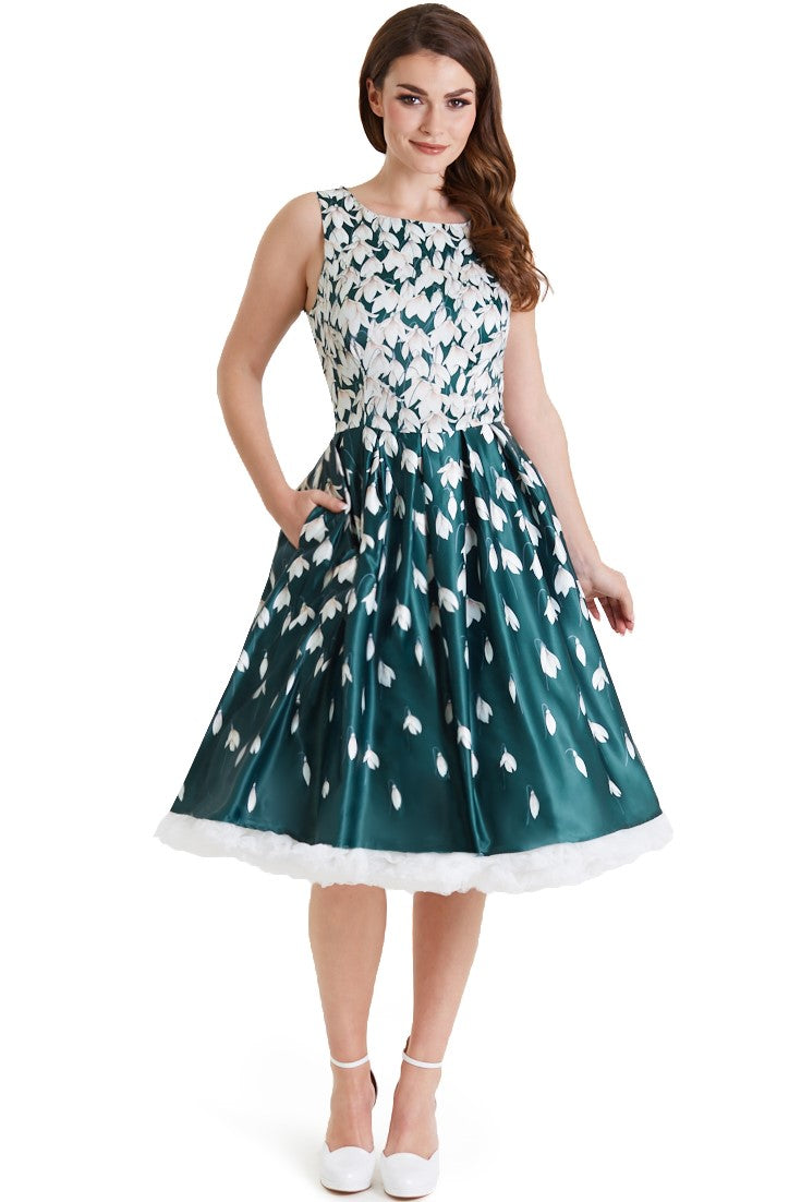 PRE ORDER Annie Retro Flared Dress in Myrtle Green with Snowdrop Tulip Print