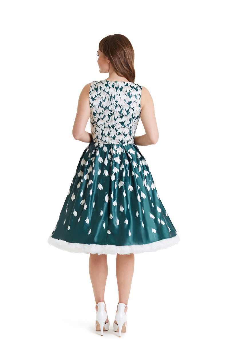 PRE ORDER Annie Retro Flared Dress in Myrtle Green with Snowdrop Tulip Print