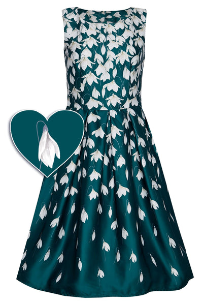 PRE ORDER Annie Retro Flared Dress in Myrtle Green with Snowdrop Tulip Print