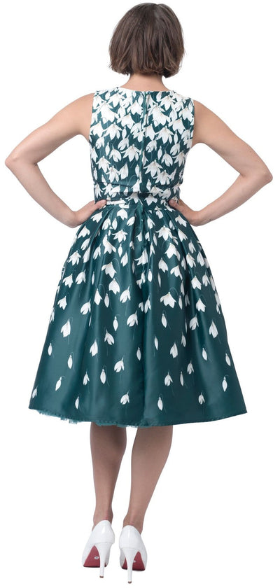 PRE ORDER Annie Retro Flared Dress in Myrtle Green with Snowdrop Tulip Print