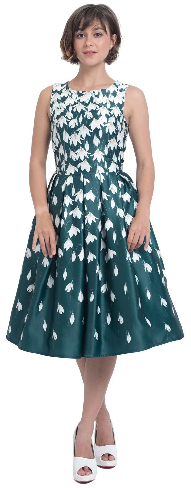 PRE ORDER Annie Retro Flared Dress in Myrtle Green with Snowdrop Tulip Print