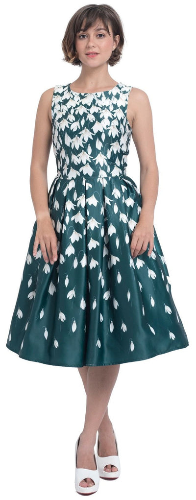 PRE ORDER Annie Retro Flared Dress in Myrtle Green with Snowdrop Tulip Print