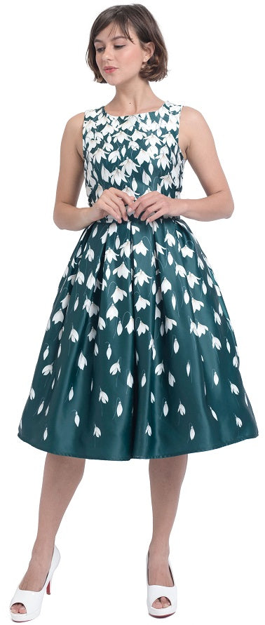 PRE ORDER Annie Retro Flared Dress in Myrtle Green with Snowdrop Tulip Print