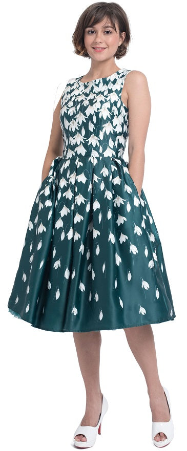 PRE ORDER Annie Retro Flared Dress in Myrtle Green with Snowdrop Tulip Print