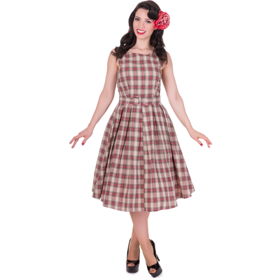 Annie Retro Check Swing Dress in Beige Checks