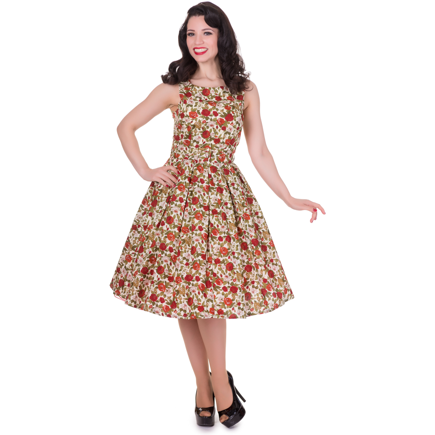 Annie Retro Floral Swing Dress in Beige Floral