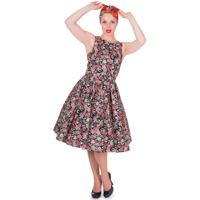 Annie Retro Floral Swing Dress in Black Floral