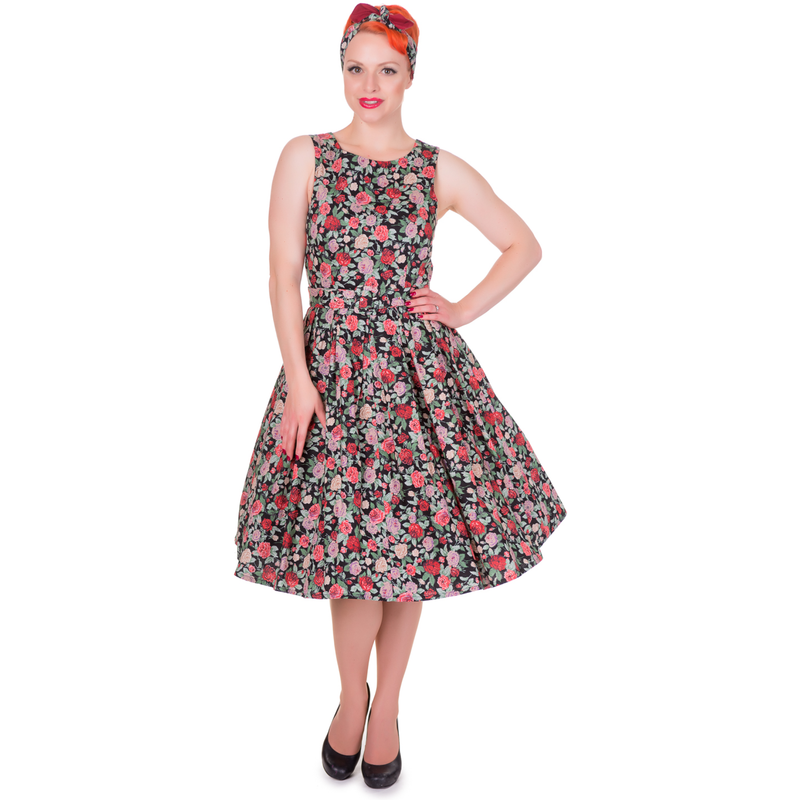 Annie Retro Floral Swing Dress in Black Floral