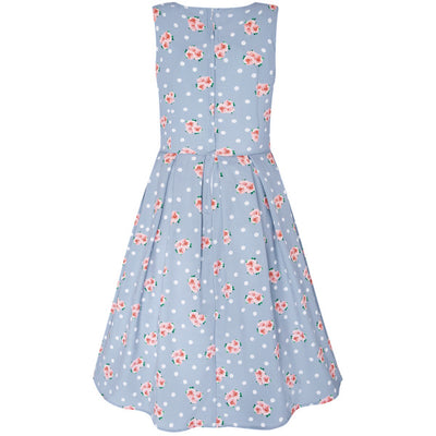 PRE ORDER Annie Cotton Floral Retro Swing Dress in White Polka and Pale Blue