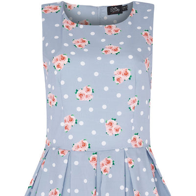 PRE ORDER Annie Cotton Floral Retro Swing Dress in White Polka and Pale Blue