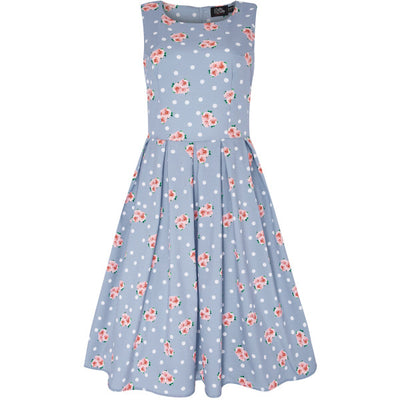 PRE ORDER Annie Cotton Floral Retro Swing Dress in White Polka and Pale Blue