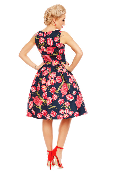 EU STOCK Annie Retro Floral Swing Dress in Navy Tulip