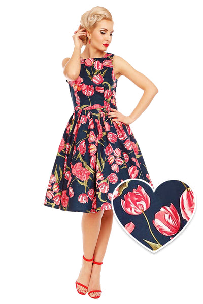 EU STOCK Annie Retro Floral Swing Dress in Navy Tulip