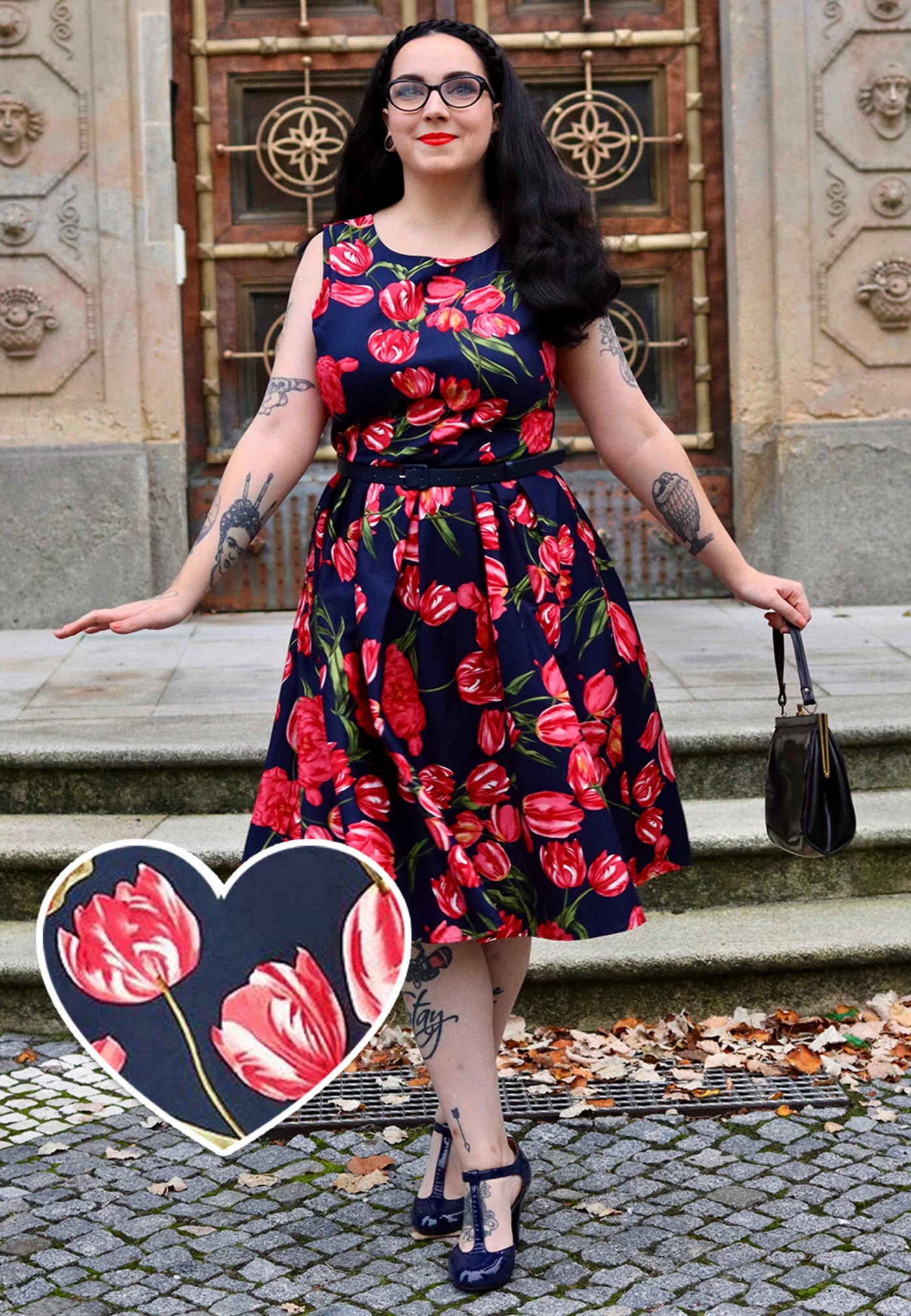 EU STOCK Annie Retro Floral Swing Dress in Navy Tulip