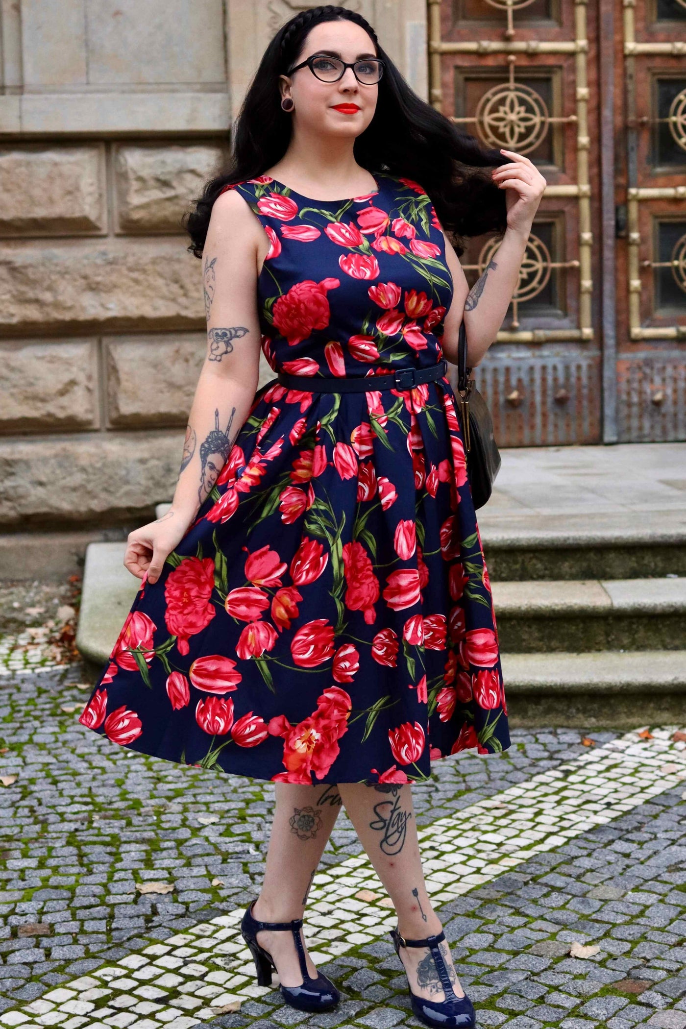 EU STOCK Annie Retro Floral Swing Dress in Navy Tulip