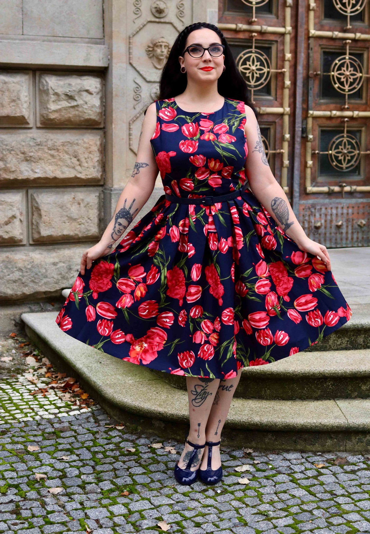 EU STOCK Annie Retro Floral Swing Dress in Navy Tulip