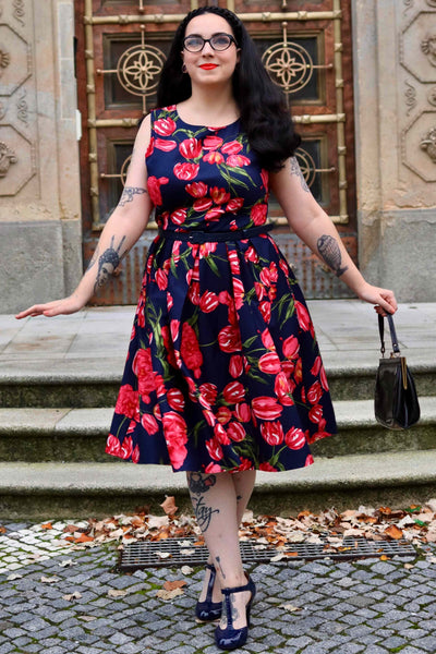 EU STOCK Annie Retro Floral Swing Dress in Navy Tulip