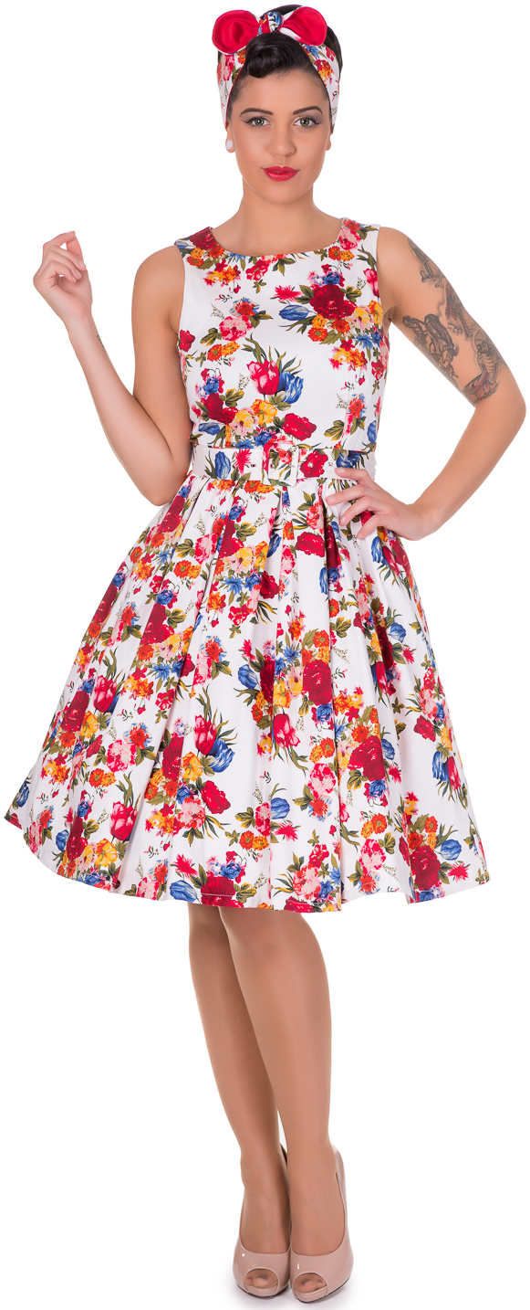 Annie Retro Floral Swing Dress in White/Red