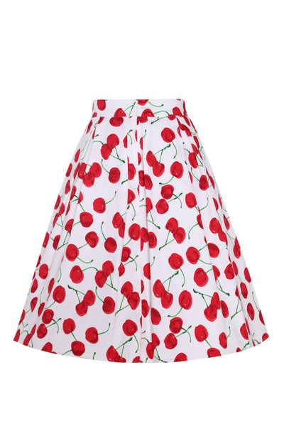 Carolyn White Box Pleat Cherry Print Swing Skirt