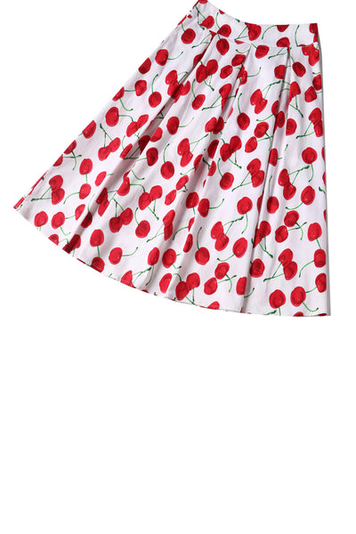 PRE ORDER Carolyn White Box Pleat Cherry Print Swing Skirt