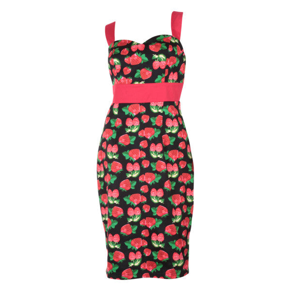 PRE-ORDER Thelma Strawberry Print 50's Pin Up Wiggle Dress in Black