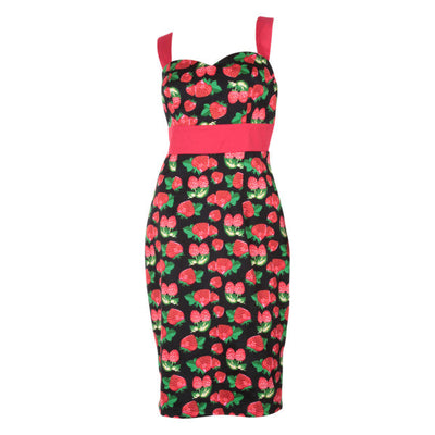 PRE-ORDER Thelma Strawberry Print 50's Pin Up Wiggle Dress in Black